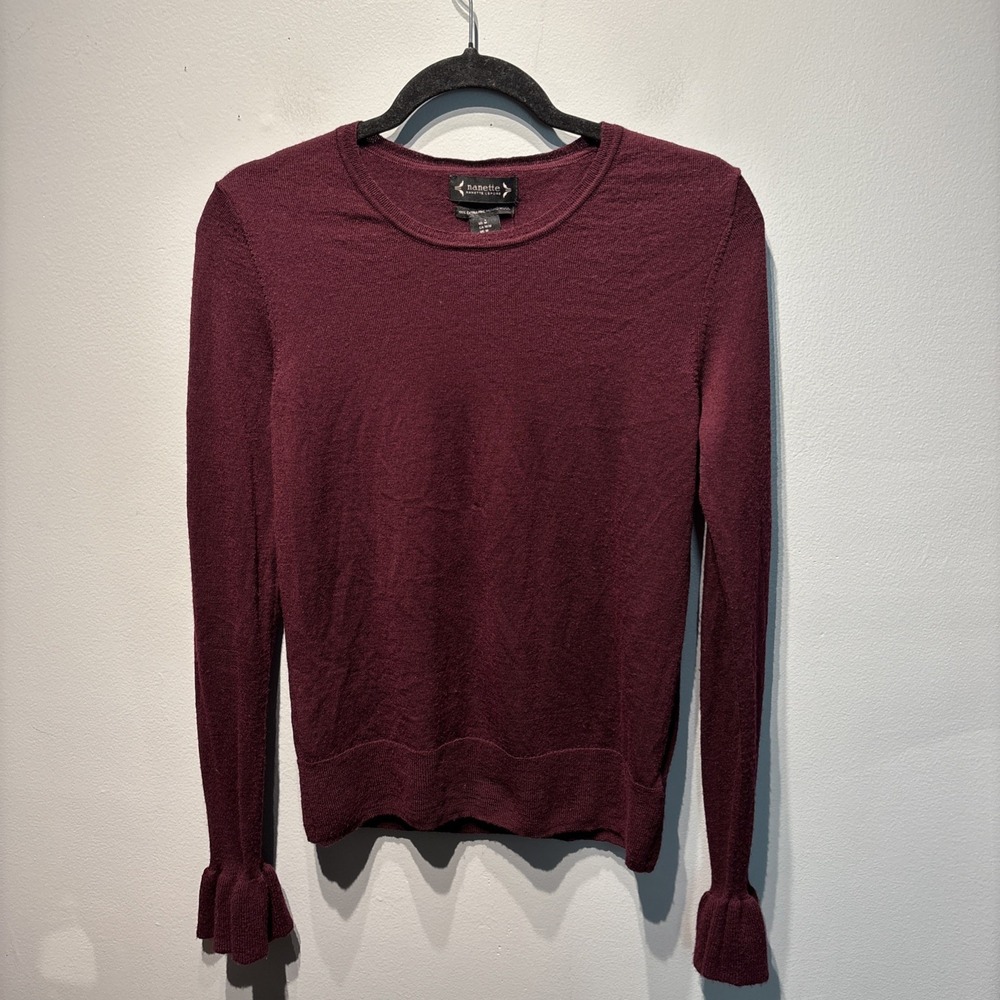 Nanette Lepore 100% Extra Fine Merino Wool Bell Cuff Sweater Burgundy SzM Luxury